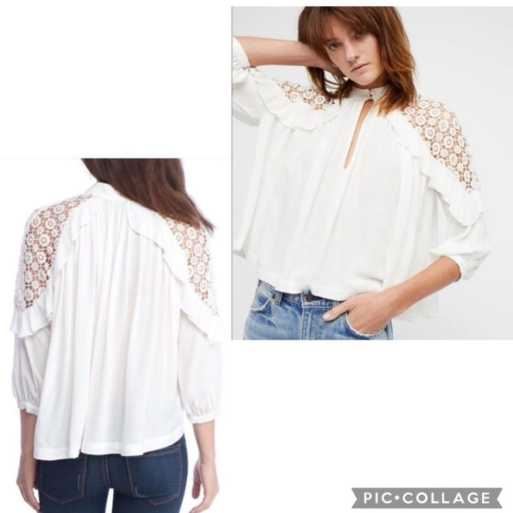 Free People Little Bit Of Love Crochet Long Sleeve Blouse White Size S